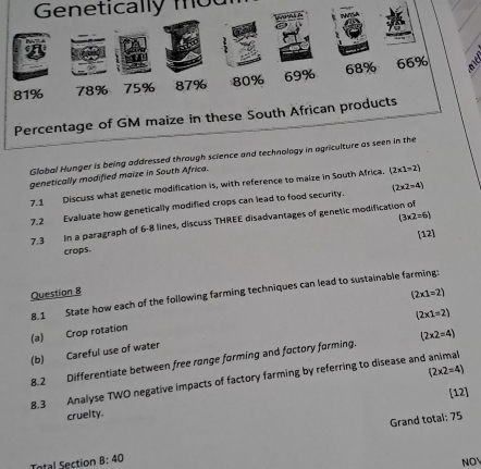 Genetically mou

81% 78% 75% 87% 80% 69% 68% 66%
Percentage of GM maize in these South African products 
Global Hunger is being addressed through science and technology in agriculture as seen in the 
genetically modified maize in South Africa. 
7.1 Discuss what genetic modification is, with reference to maize in South Africa. (2* 1=2)
7.2 Evaluate how genetically modified crops can lead to food security. (2* 2=4)
(3* 2=6)
7.3 In a paragraph of 6-8 lines, discuss THREE disadvantages of genetic modification of 
[12] 
crops. 
Question 8
(2* 1=2)
8.1 State how each of the following farming techniques can lead to sustainable farming:
(2* 1=2)
(a) Crop rotation 
(b) Careful use of water 
8.2 Differentiate between free ronge forming and foctory forming. (2* 2=4)
(2* 2=4)
8.3 Analyse TWO negative impacts of factory farming by referring to disease and animal 
[12] 
cruelty. 
Grand total: 75 
Total Section B:40
NOY