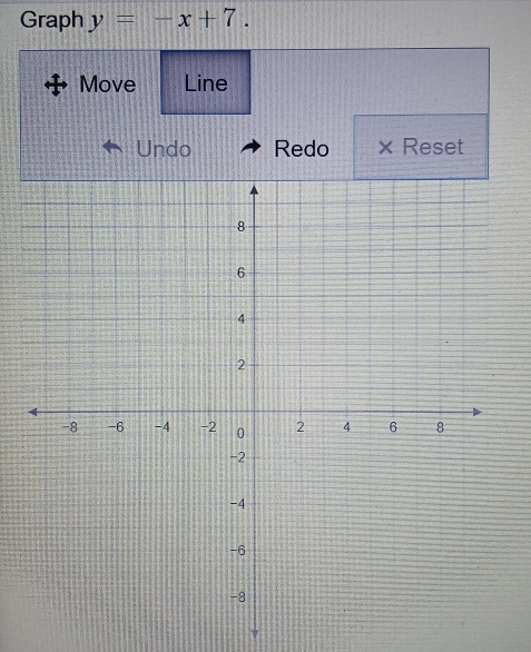 Graph y=-x+7. 
Move Line 
Undo Redo × Reset