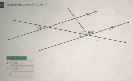 Worth 3 points
x=28
y=|52 □ 
z=□