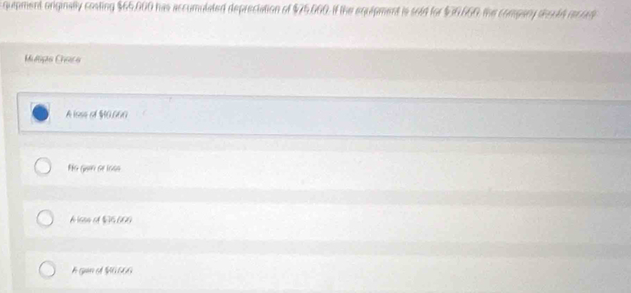 quiment originally costing $65,000 has accumulated depreciation of $75,060. if the equigment is soid for $36,660 the compary deculh recud
Midipão Císico
A lsse of 990,060
RKG Ga Ge 1666
hiase of $76 600
A gun et MG 666