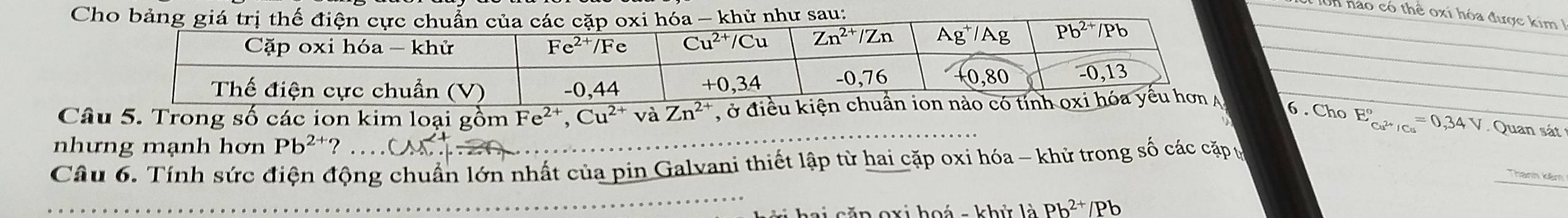 não có thể oxi hóa được kim  
Câu 5. Trong số các ion kim loại gồm Fe^(2+),Cu^(2+)v Zn^(2+) , ở điều kiện  6 . Cho
E_Cu^(2+)/Cu^circ =0,34V Quan sát
nhưng mạnh hơn Pb^(2+)?
Câu 6. Tính sức điện động chuẩn lớn nhất của pin Galvani thiết lập từ hai cặp oxi hóa - khử trong số các cặp ự
i  h a i căn oxi hoá - khử là Pb^(2+)/Pb