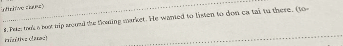 infinitive clause) 
8. Peter took a boat trip around the floating market. He wanted to listen to don ca tai tu there. (to- 
infinitive clause)