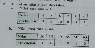 Tentukan nilai x jika diketahui: 
a. Nilai rata-rata =6. 
b. Nilai rata-rata =44.