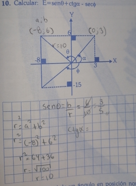 Calcular: E=sen θ +ctg alpha -sec phi
á ngulo en posición nor