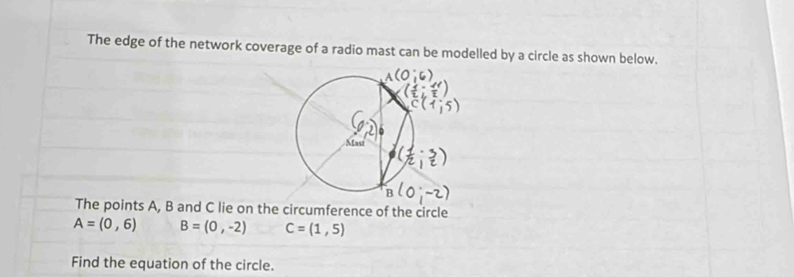 The edge of the network coverage of a radio mast can be modelled by a circle as shown below. 
The points A, B and C lie on the circumference of the circle
A=(0,6) B=(0,-2) C=(1,5)
Find the equation of the circle.