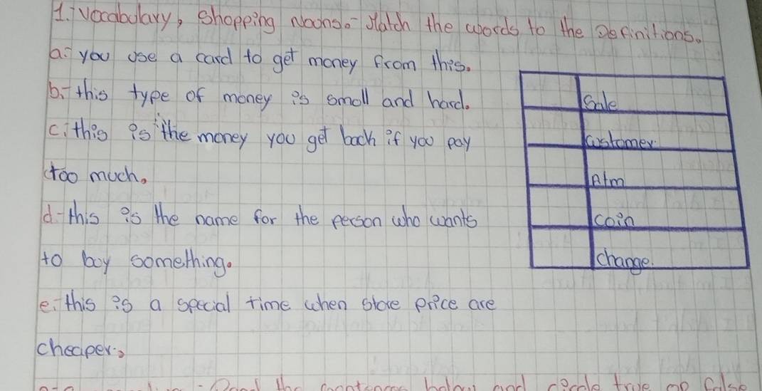 vocabulary, shopping Noonso statch the words to the Definitions. 
a. you use a card to get money from this. 
b. this type of money is smoll and hard. 
c. this is the money you get bach if you pay 
(too much, 
d this is the name for the person who wants 
to boy something. 
e, this is a special time when slore pice are 
cheaper, 
-D2 the coonthooe hat and cold tove mo ce