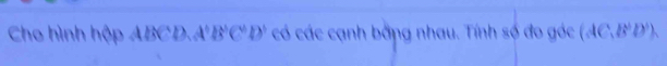 Cho hình hộp ABCD, A'B'C'D' có các cạnh bằng nhau. Tính số đo góc (AC,B'D'),