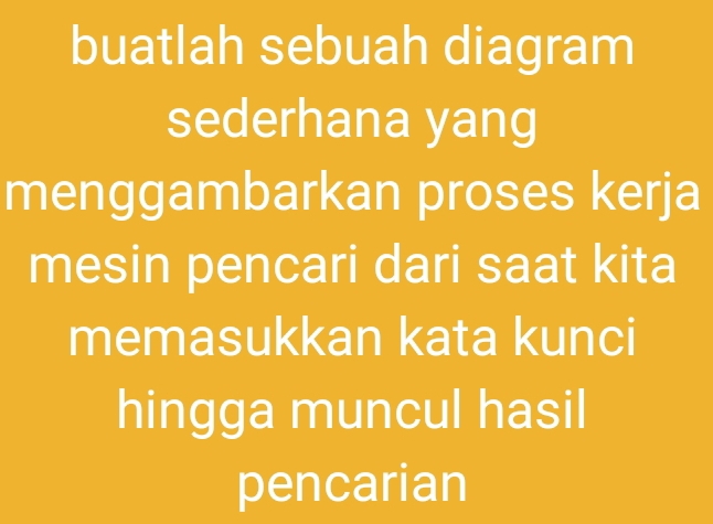 buatlah sebuah diagram 
sederhana yang 
menggambarkan proses kerja 
mesin pencari dari saat kita 
memasukkan kata kunci 
hingga muncul hasil 
pencarian