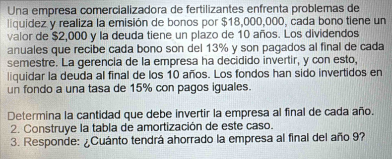 Una empresa comercializadora de fertilizantes enfrenta problemas de 
liquidez y realiza la emisión de bonos por $18,000,000, cada bono tiene un 
valor de $2,000 y la deuda tiene un plazo de 10 años. Los dividendos 
anuales que recibe cada bono son del 13% y son pagados al final de cada 
semestre. La gerencia de la empresa ha decidido invertir, y con esto, 
liquidar la deuda al final de los 10 años. Los fondos han sido invertidos en 
un fondo a una tasa de 15% con pagos iguales. 
Determina la cantidad que debe invertir la empresa al final de cada año. 
2. Construye la tabla de amortización de este caso. 
3. Responde: ¿Cuánto tendrá ahorrado la empresa al final del año 9?