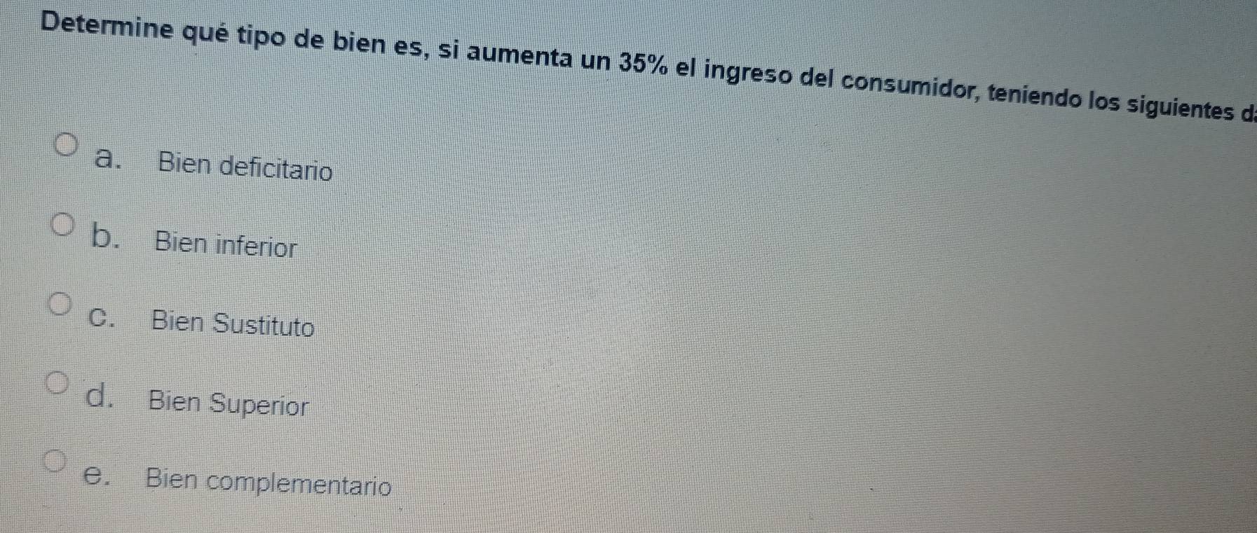 Resuelto:Determine qué tipo de bien es, si aumenta un 35% el ingreso ...
