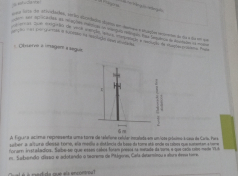 estudante ! 
a de Ptágores 
: 'ás no trilânguio retlíngulo: 
viesa lista de atividades, serão abordados objeros em destaque e situações recomentes do dia a dia em qu 
dem ser aplicadas as relações métricas no triângulo resânguio. Essa Sequência de Asvidades eá moetra 
renção nas perguntas e sucesso na resplução daws esividades 
obleras que exigirão de vooê atenção, leitura, interpritação e resolução de situações problema. Prest 
:. Observe a imagem a seguir. 
A figura acima representa uma torre de telefone celular instalada em um lote próximo à casa de Carla. Para 
saber a altura dessa torre, ela mediu a distância da base da torre até onde os cabos que sustentam a torre 
forar instalados. Sabe-se que esses cabos foram presos na metade da torre, e que cada cabo mede 15,6
m. Sabendo disso e adotando o teorema de Pitágoras, Carla determinou a altura dessa torre. 
Qual é à medida que ela encontrou?