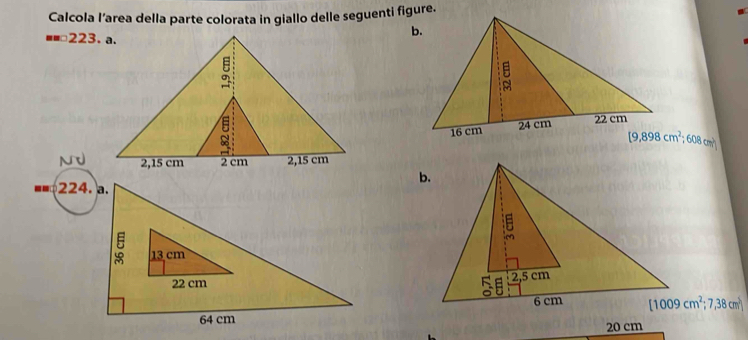 Calcola l’area della parte colorata in giallo delle seguenti figure.
223. a.
[1009cm^2;7,38cm^5]
20 cm