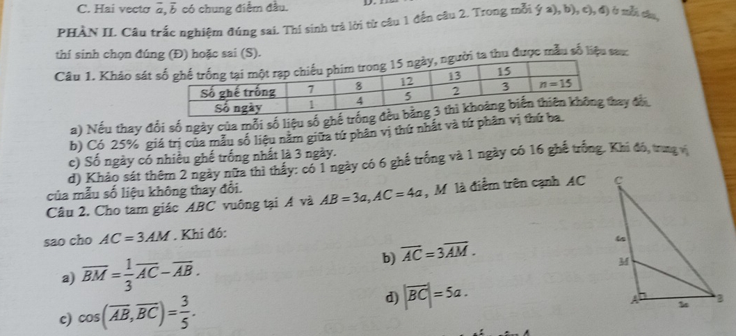 C. Hai vecto overline a,overline b có chung điểm đầu.
PHÀN II. Cầu trắc nghiệm đúng sai. Thí sinh trả lời từ câu 1 đến câu 2. Trong mỗi ý a) ,b),c),d () ở mỗt câu
thí sinh chọn đúng (Đ) hoặc sai (S).
Câu 1. Khảo sát ười ta thu được mẫu số liệu sauc
a) Nếu thay đổi số ngày của mỗi số liệu số ghhay đổi
b) Có 25% giá trị của mẫu số liệu năm giữa tứ phân vị thứ nhất và tứ phân v
c) Số ngày có nhiều ghế trống nhất là 3 ngày.
d) Khảo sát thêm 2 ngày nữa thì thấy: có 1 ngày có 6 ghế trống và 1 ngày có 16 ghế trống. Khi đó, trung v
của mẫu số liệu không thay đổi.
Câu 2. Cho tam giác ABC vuông tại Á và AB=3a,AC=4a , Mô là điểm trên cạnh AC 
sao cho AC=3AM. Khi đó:
a) overline BM= 1/3 overline AC-overline AB.
b) overline AC=3overline AM.
c) cos (overline AB,overline BC)= 3/5 . d) |overline BC|=5a.