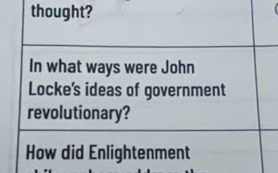 thought? 
In what ways were John 
Locke's ideas of government 
revolutionary? 
How did Enlightenment