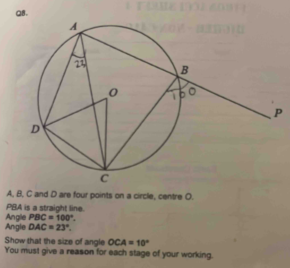 Solved: A, B, C and D are four points on a circle, centre O. PBA is a ...