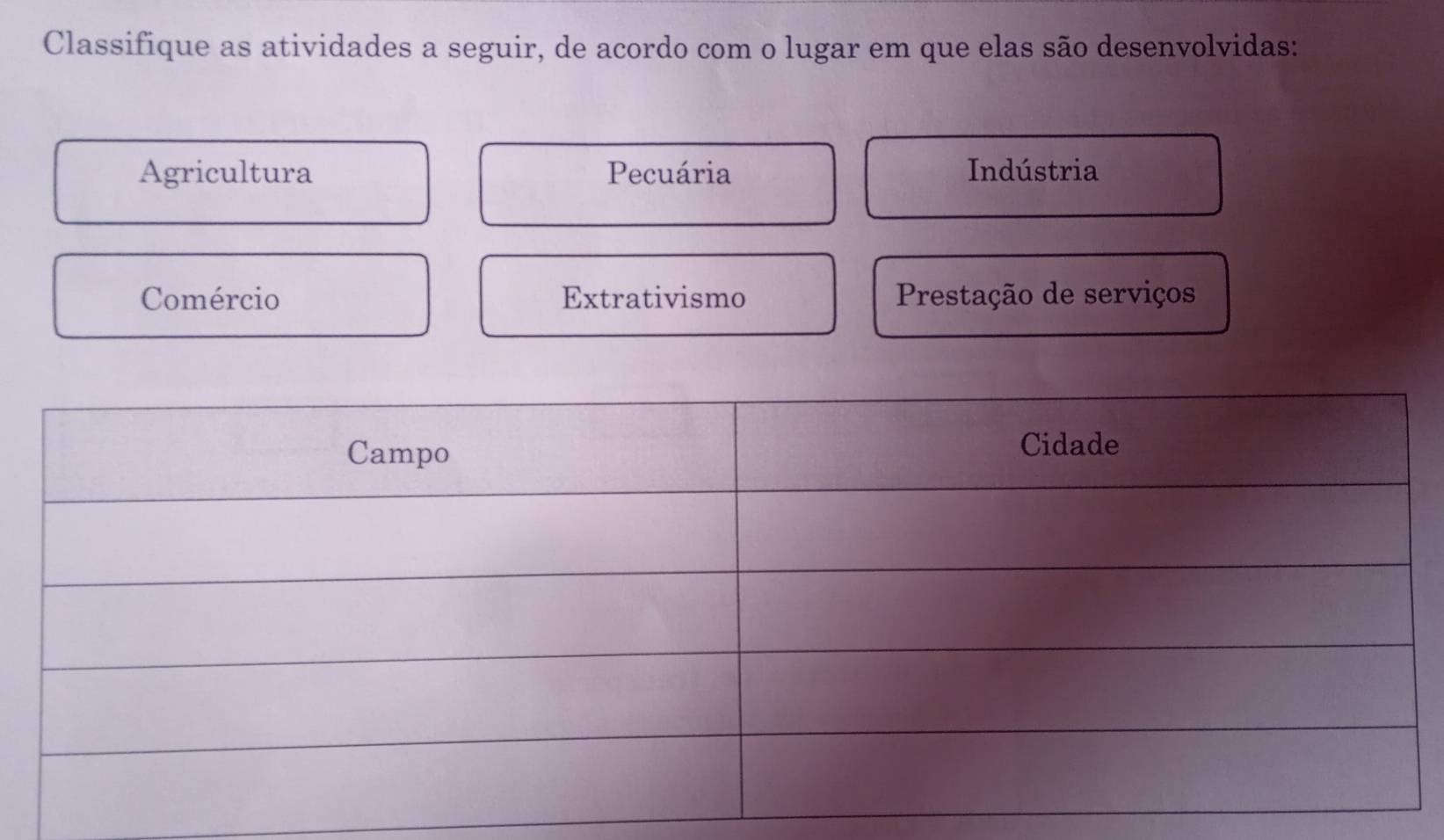 Classifique as atividades a seguir, de acordo com o lugar em que elas são desenvolvidas: 
Agricultura Pecuária Indústria 
Comércio Extrativismo Prestação de serviços