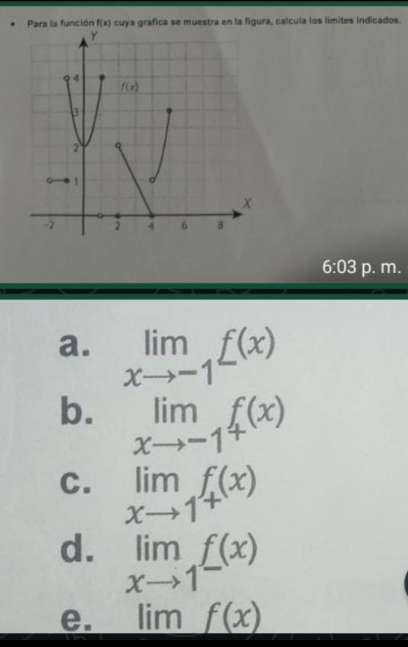 Para la función f(x) cuya grafica se muestra en la figura, calcula los limites indicados.
6:03 p. m.
a. limlimits _xto -1f(x)
b. limlimits _xto -1f(x)
C. limlimits _xto 1^+f(x)
d. limlimits _xto 1f(x)
e. limf(x)