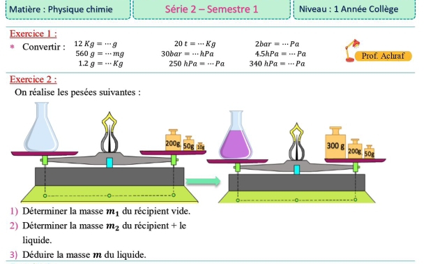 Matière : Physique chimie Série 2 - Semestre 1 Niveau : 1 Année Collège 
Exercice 1 : 
* Convertir : 12Kg=·s g 20t=·s Kg 2bar=·s Pa
560g=·s mg 30bar=·s hPa 4.5hPa=...Pa Prof. Achraf
1.2g=·s Kg 250hPa=·s Pa 340hPa=·s Pa
Exercice 2 : 
On réalise les pesées suivantes : 
1) Déterminer la masse m_1 du récipient vide. 
2) Déterminer la masse m_2 du récipient + le 
liquide. 
3) Déduire la masse m du liquide.