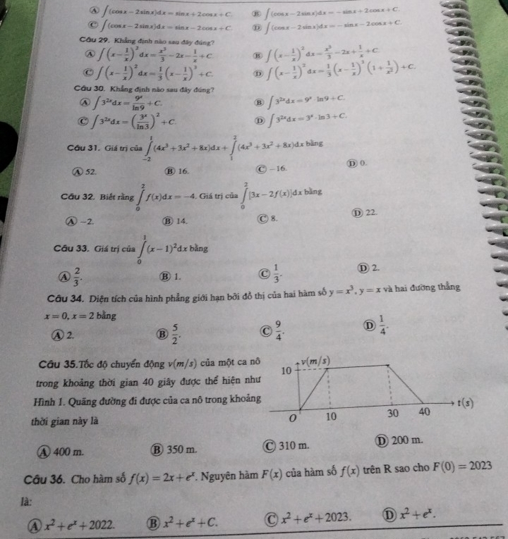 (cos x-2sin x)dx=sin x+2cos x+C ∈t (cos x-2sin x)dx=-sin x+2cos x+C.
∈t (cos x-2sin x)dx=sin x-2cos x+C ⑪ ∈t (cos x-2sin x)dx=-sin x-2cos x+C.
Cầu 29. Khẳng định nào sau đây đúng? ∈t (x- 1/x )^2dx= x^3/3 -2x+ 1/x +C
A ∈t (x- 1/x )^2 x= x^3/3 -2x- 1/x +C B
∈t (x- 1/x )^2dx= 1/3 (x- 1/x )^3+C. ⑪ ∈t (x- 1/x )^2dx= 1/3 (x- 1/x )^3(1+ 1/x^2 )+C.
Cầu 30. Khẳng định nào sau đây đúng?
④ ∈t 3^(2x)dx= 9^x/ln 9 +C.
B ∈t 3^(2x)dx=9^x· ln 9+C.
C ∈t 3^(2x)dx=( 3^x/ln 3 )^2+C.
D ∈t 3^(2x)dx=3^x· ln 3+C.
Câu 31. Giá trị của ∈tlimits _(-2)^1(4x^3+3x^2+8x)dx+∈tlimits _1^(2(4x^3)+3x^2+8x)dxbln g
λ 52. B 16. C - 16. ⑪ 0.
Cầu 32. Biết rằng ∈tlimits _0^(2f(x)dx=-4. Giá trị của ∈tlimits _0^2[3x-2f(x)]dxb 0^) àng
Ⓐ -2. ⑬ 14. Ⓒ 8. ⑪ 22.
Cầu 33. Giá trị của ∈tlimits _0^(1(x-1)^2)dxb^(frac 1)2ng
C  1/3 .
④  2/3 . Ⓑ 1. ① 2.
Câu 34. Diện tích của hình phẳng giới hạn bởi đồ thị của hai hàm số y=x^3,y=x và hai đường thẳng
x=0,x=2 bằng
Ⓐ 2. B  5/2 . C  9/4 .
D  1/4 .
Câu 35.Tốc độ chuyển động v(m/s) của một ca nô v(m/s)
10
trong khoảng thời gian 40 giây được thể hiện như
Hình 1. Quãng đường đi được của ca nô trong khoảng
t(s)
thời gian này là 0 10 30 40
A 400 m. ⑧ 350 m. C 310 m. D 200 m.
Câu 36. Cho hàm số f(x)=2x+e^x *. Nguyên hàm F(x) của hàm số f(x) trên R sao cho F(0)=2023
là:
A x^2+e^x+2022. ⑬ x^2+e^x+C. C x^2+e^x+2023. D x^2+e^x.