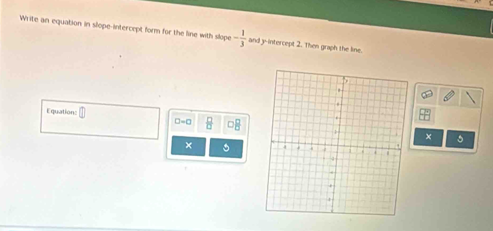 Write an equation in slope-intercept form for the line with slope - 1/3  and y-intercept 2. Then graph the line. 
Equation:
□ =□  □ /□   □  □ /□  
× 
× s