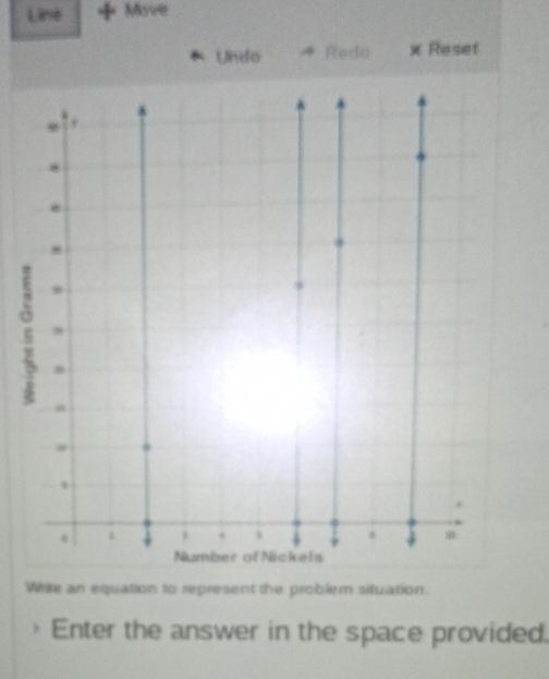 Line Move 
Undo Redo x Reset
8
ς 8
8
* 
. . 4 
Number of Nickels 
Write an equation to represent the problem situation. 
Enter the answer in the space provided.