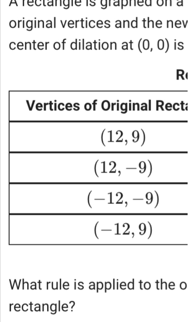 À rectangie is graphed on a
original vertices and the nev
center of dilation at (0,0) is
R(
a
What rule is applied to the o
rectangle?