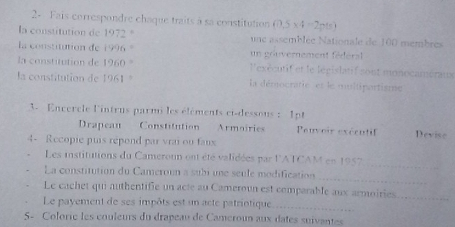 2- Fais correspondre chaque traits à sa constitution (0.5* 4=2pts)
la constitution de 1972 ° une assemblée Nationale de 100 membres
la constitution de 1996 ° un gouvernement fédéral
la constitution de 1960 ° l'exécutif et le législatif sont monocaméraux
la constitution de 1961 * la démocratie et le multipartisme
3- Encercle l'intrus parmi les éléments ci-dessous : 1p
Drapeau Constitution Armoiries Peuvoir exécutif Devise
4- Recopie puis repond par vrai ou faux
Les institutions du Cameroun ont été validées par l'ATCAM en 1957
_
_
La constitution du Cameroun a subi une seule modification
Le cachet qui authentifie un acte au Cameroun est comparable aux armoiries_
Le payement de ses impôts est un acte patriotique_
5- Colorie les couleurs du drapeau de Cameroun aux dates suivantes