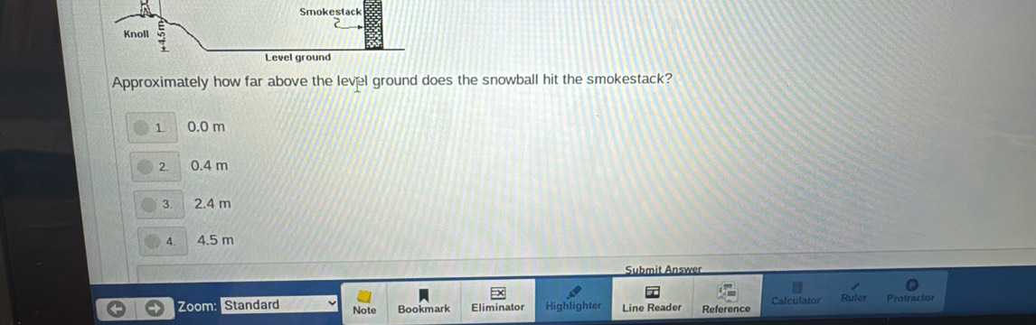 Approximately how far above the level ground does the snowball hit the smokestack?
1 0.0 m
2. 0.4 m
3. 2.4 m
4. 4.5 m
Submit Answer
Zoom: Standard Note Bookmark Eliminator Highlighter Line Reader Reference Calculator Ruler Protractor