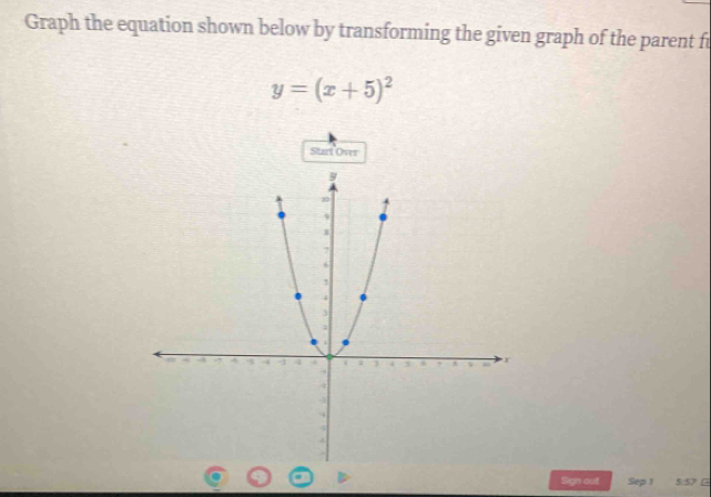 Graph the equation shown below by transforming the given graph of the parent fu
y=(x+5)^2
Start Over 
Sign out Sep 1 5:57 G