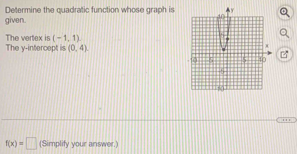 Determine the quadratic function whose graph isa 
given. 
The vertex is (-1,1). 
The y-intercept is (0,4).
f(x)=□ (Simplify your answer.)