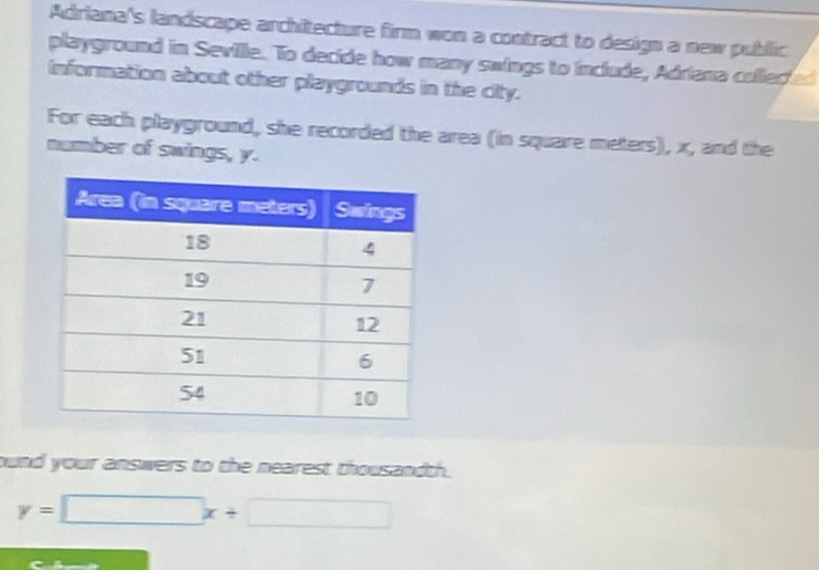 Adriana's landscape architecture firm won a contract to design a new public 
playground in Seville. To decide how many swings to include, Adriana collected 
information about other playgrounds in the city. 
For each playground, she recorded the area (in squaire meters), x, and the 
number of swings, y. 
ound your answers to the nearest thousandth.
y=□ x+□