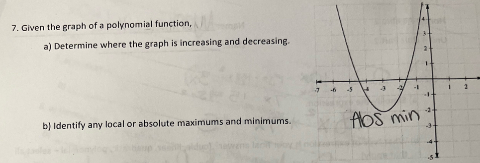 Given the graph of a polynomial function, 
a) Determine where the graph is increasing and decreasing. 
b) Identify any local or absolute maximums and minimums.
-5