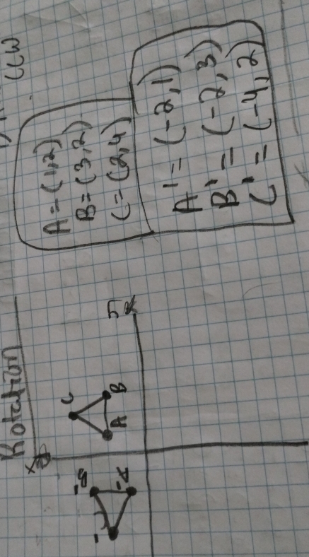 CcW
A=(1,2)
B=(3,2)
c=(2,4)
A^1=(-2,1)
B'=(-2,3)
C'=(-4,2)