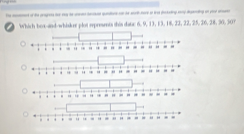 The mevement of the progreal bar may be uneven becouse questions can be worth more or less (including zera) depending on your arune 
a Which box-and-whisker plot represents this datat 6, 9, 13, 13, 18, 22, 22, 25, 26, 28, 30, 30?