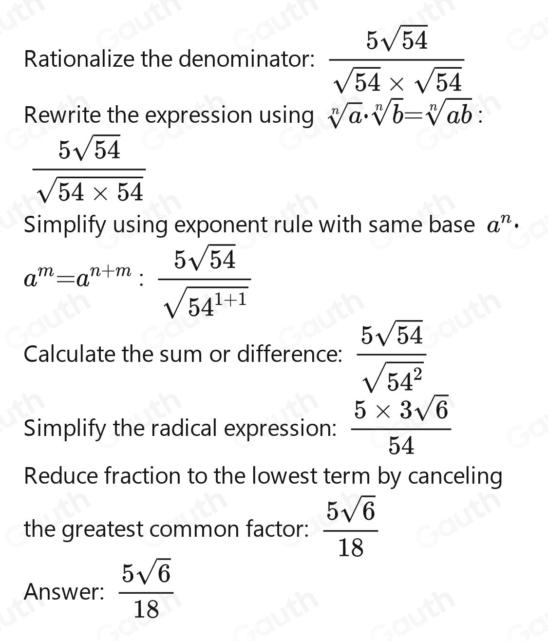Solved: Express in simplest form with a rational denominator. 5/sqrt(54 ...