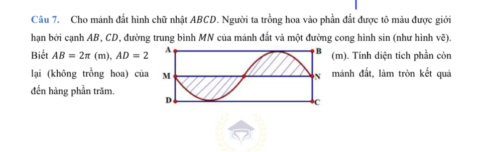 Cho mảnh đất hình chữ nhật ABCD. Người ta trồng hoa vào phần đất được tô màu được giới 
hạn bởi cạnh AB, CD, đường trung bình MN của mảnh đất và một đường cong hình sin (như hình vẽ). 
Biết AB=2π (m), AD=2 (m). Tính diện tích phần còn 
lại (không trồng hoa) củamảnh đất, làm tròn kết quả 
đến hàng phần trăm.