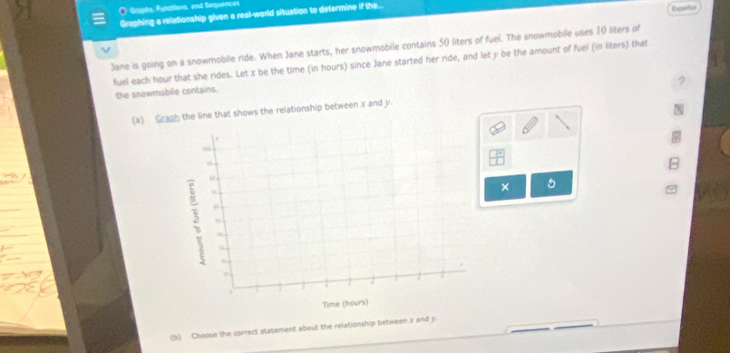 Grghs, Functions, and Sequences 
Graphing a relationship given a real-world situation to determine if the... 
Enguaft 
Jane is going on a snowmobile ride. When Jane starts, her snowmobile contains 50 liters of fuel. The snowmobile uses 10 liters of 
fuel each hour that she rides. Let x be the time (in hours) since Jane started her ride, and let y be the amount of fuel (in liters) that 
the snowmobile contains. 
(a) Graph the line that shows the relationship between x and y. 
× 5
(b) Choose the correct statement about the relationship between x and y