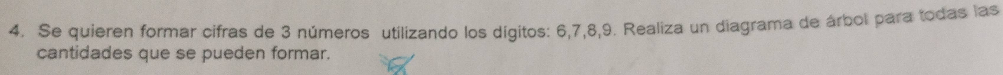 Se quieren formar cifras de 3 números utilizando los dígitos: 6, 7, 8, 9. Realiza un diagrama de árbol para todas las 
cantidades que se pueden formar.