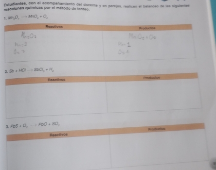 Estudiantes, con el acompañamiento del docente y en parejas, realicen el balanceo de las siguientes
reacciones químicas por el método de tanteo.
1. Mn_2O_2to MnO_2+O_2
Sb+HClto SbCl_3+H_2