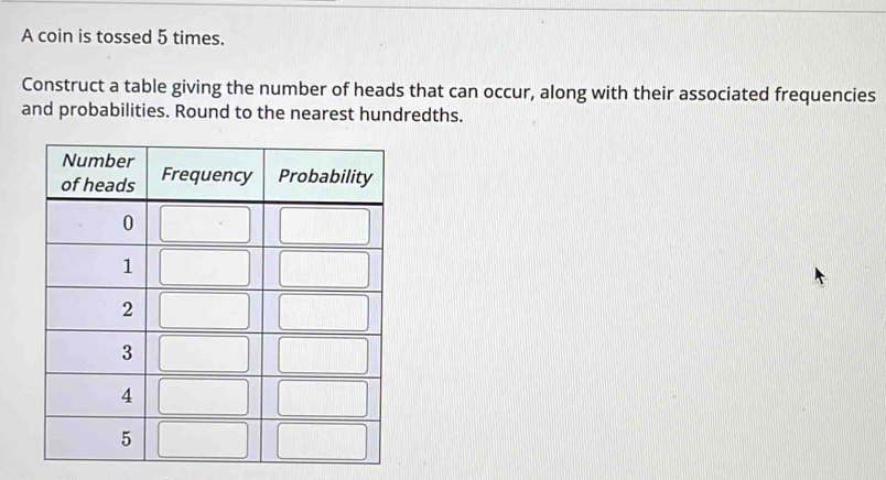 A coin is tossed 5 times.
Construct a table giving the number of heads that can occur, along with their associated frequencies
and probabilities. Round to the nearest hundredths.