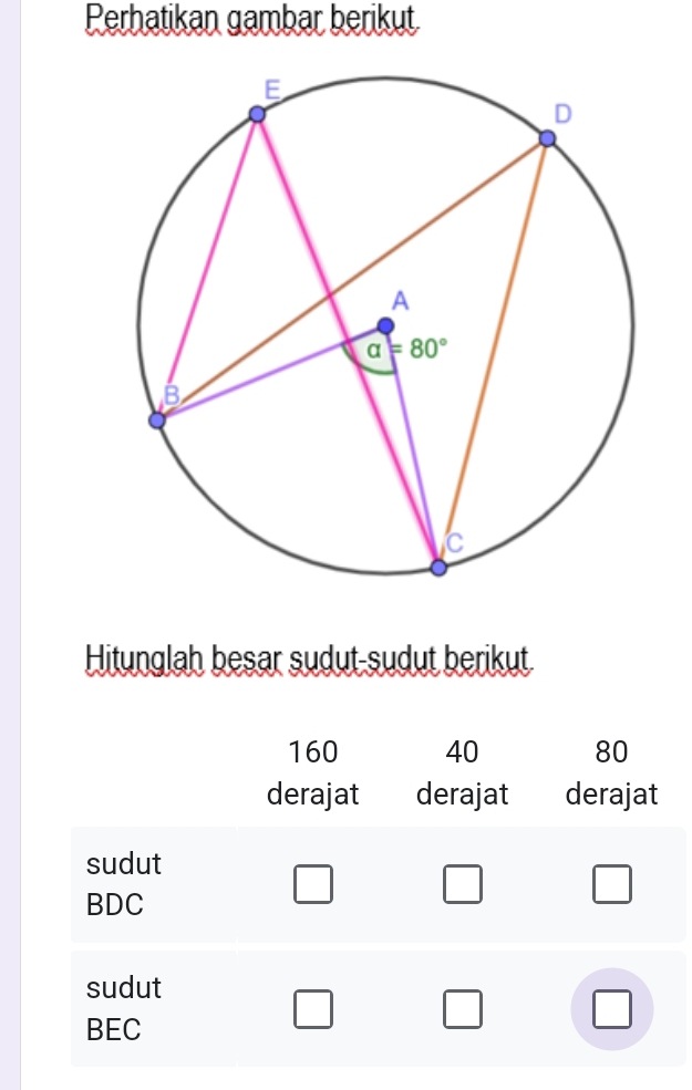 Perhatikan gambar berikut
Hitunglah besar sudut-sudut berikut