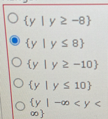  y|y≥ -8
 y|y≤ 8
 y|y≥ -10
 y|y≤ 10
 y|-∈fty
∞