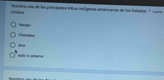 Nombra una de las principales tribus indígenas americanas de los Estados * 1 punto
Unidos.
Navajo
Cherokee
siux
todo lo anterior