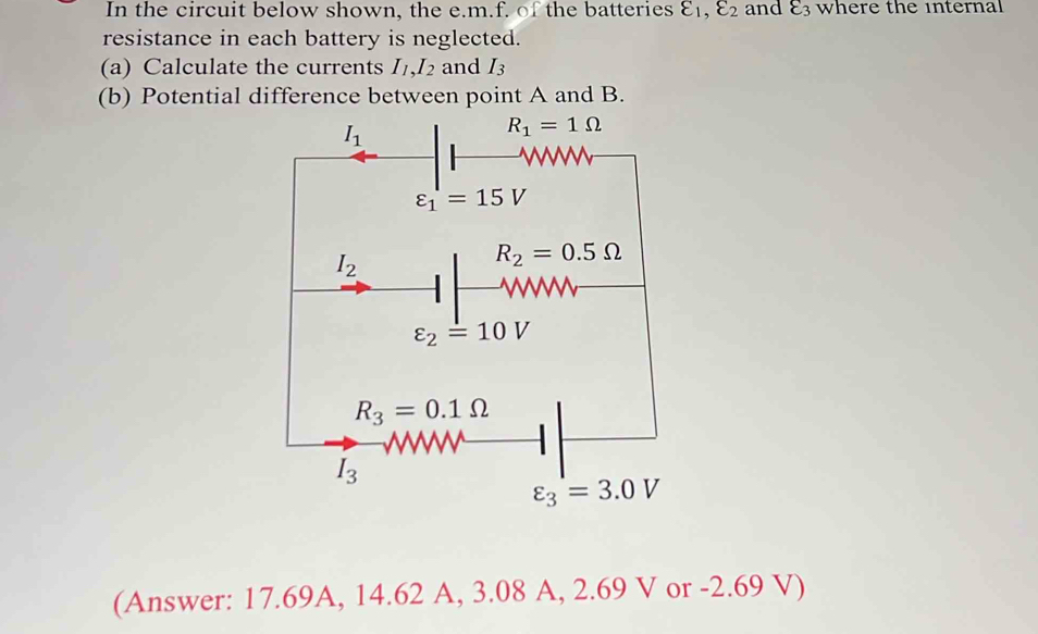 In the circuit below shown, the e. m.f. of the batteries varepsilon _1, varepsilon _2 and varepsilon _3 where the internal 
resistance in each battery is neglected. 
(a) Calculate the currents I_1, I_2 and I_3
(b) Potential difference between point A and B.
I_1
R_1=1Omega
W
varepsilon _1=15V
I_2
R_2=0.5Omega
w
varepsilon _2=10V
R_3=0.1Omega
I_3
varepsilon _3=3.0V
(Answer: 17.69A, 14.62 A, 3.08 A, 2.69 V or -2.69 V)