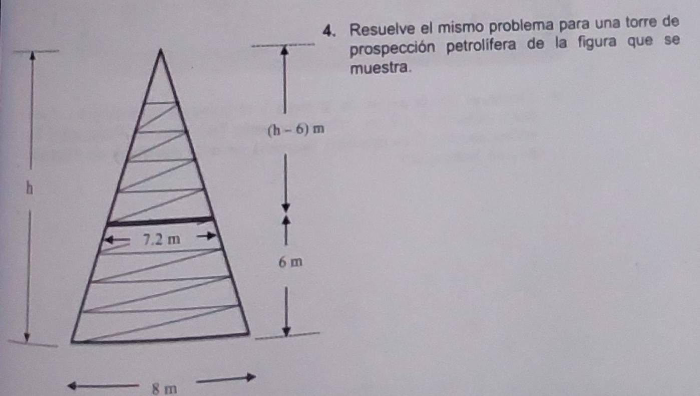 Resuelve el mismo problema para una torre de 
prospección petrolífera de la figura que se 
muestra.
8 m