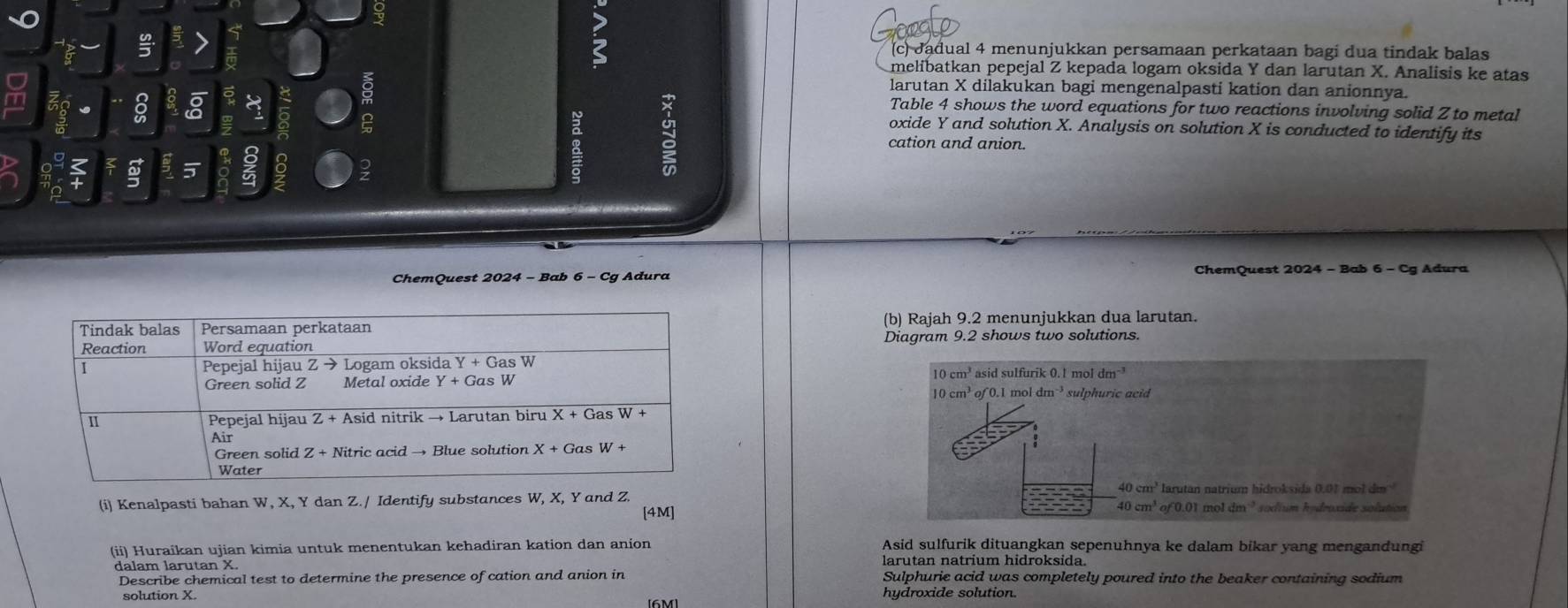 5
;
(c) Jadual 4 menunjukkan persamaan perkataan bagi dua tindak balas
melibatkan pepejal Z kepada logam oksida Y dan larutan X. Analisis ke atas
larutan X dilakukan bagi mengenalpasti kation dan anionnya.
2
Table 4 shows the word equations for two reactions involving solid Z to metal
oxide Y and solution X. Analysis on solution X is conducted to identify its
cation and anion.
5
ChemQuest 2024 - Bab 6 - Cg Adura ChemQuest 2024 - Bab 6 - Cg Adura
(b) Rajah 9.2 menunjukkan dua larutan.
Diagram 9.2 shows two solutions.
10cm^3 asid sulfurik 0.1 mo dm^(-3)
10cm^3 of 0.1 mol dm^(-1) sulphuric acid
:
40 cm³ larutan natrium hidroksida 0.01 mol 4m^(-1)
(i) Kenalpasti bahan W, X, Y dan Z./ Identify substances W, X, Y and Z. mol dm^(-3) socium hodroxide solution
[4M]
40cm^3of0.01
(ii) Huraikan ujian kimia untuk menentukan kehadiran kation dan anion Asid sulfurik dituangkan sepenuhnya ke dalam bikar yang mengandungi
larutan natrium hidroksida.
dalam larutan X Sulphurie acid was completely poured into the beaker containing sodium
Describe chemical test to determine the presence of cation and anion in
solution X. hydroxide solution.
[6M]