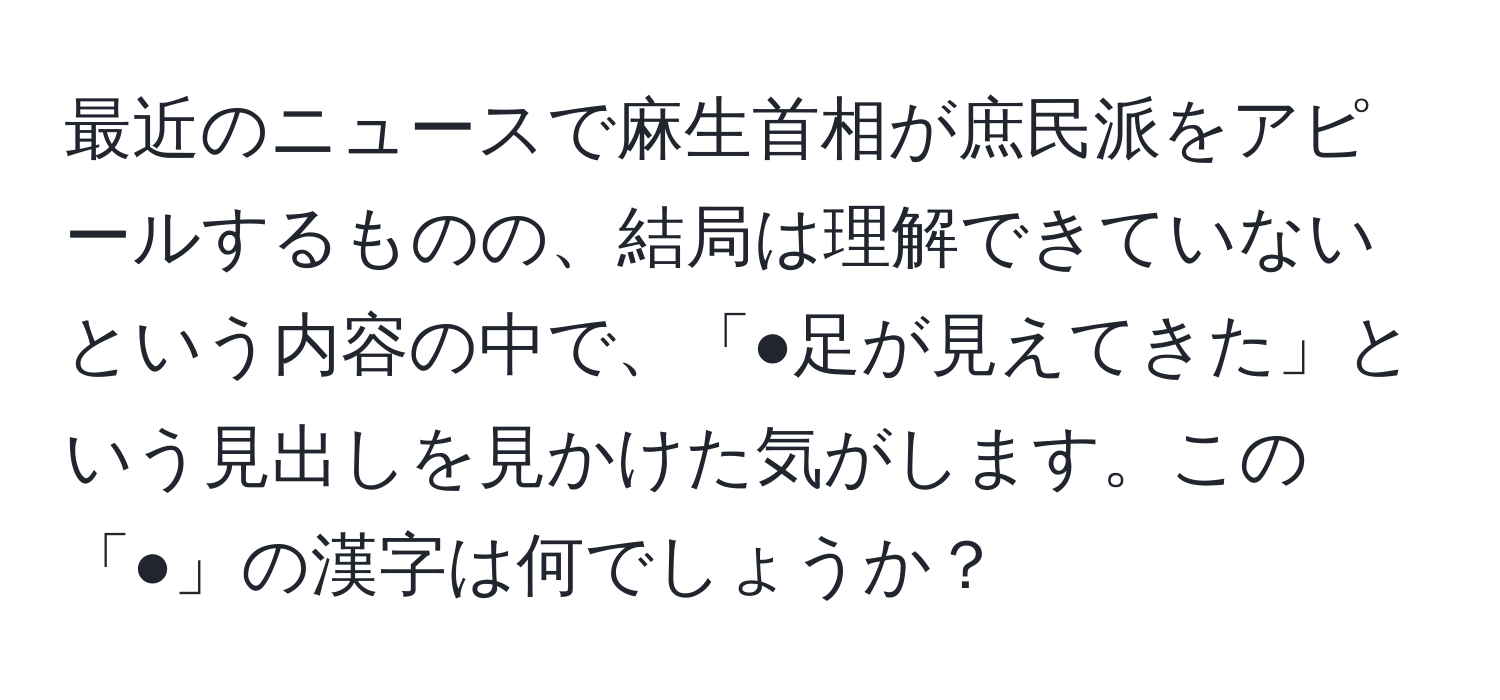 最近のニュースで麻生首相が庶民派をアピールするものの、結局は理解できていないという内容の中で、「●足が見えてきた」という見出しを見かけた気がします。この「●」の漢字は何でしょうか？