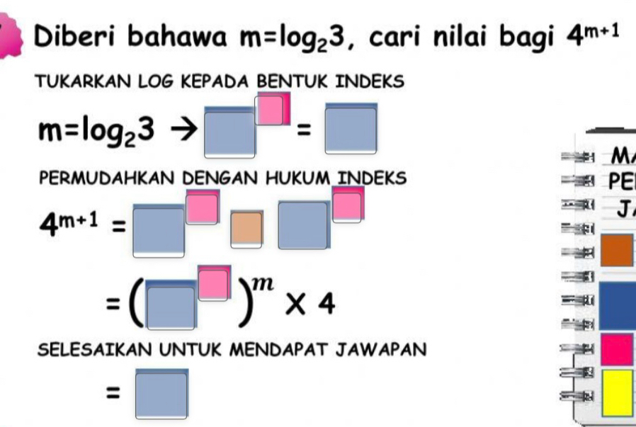 Diberi bahawa m=log _23 , cari nilai bagi 4^(m+1)
TUKARKAN LOG KEPADA BENTUK INDEKS
m=log _23 □^(□)=□
M
PERMUDAHKAN DENGAN HUKUM INDEKS 
PE
4^(m+1)=□^(□)□ □^(□)
J
=(□^(□))^m* 4
SELESAIKAN UNTUK MENDAPAT JAWAPAN
=□