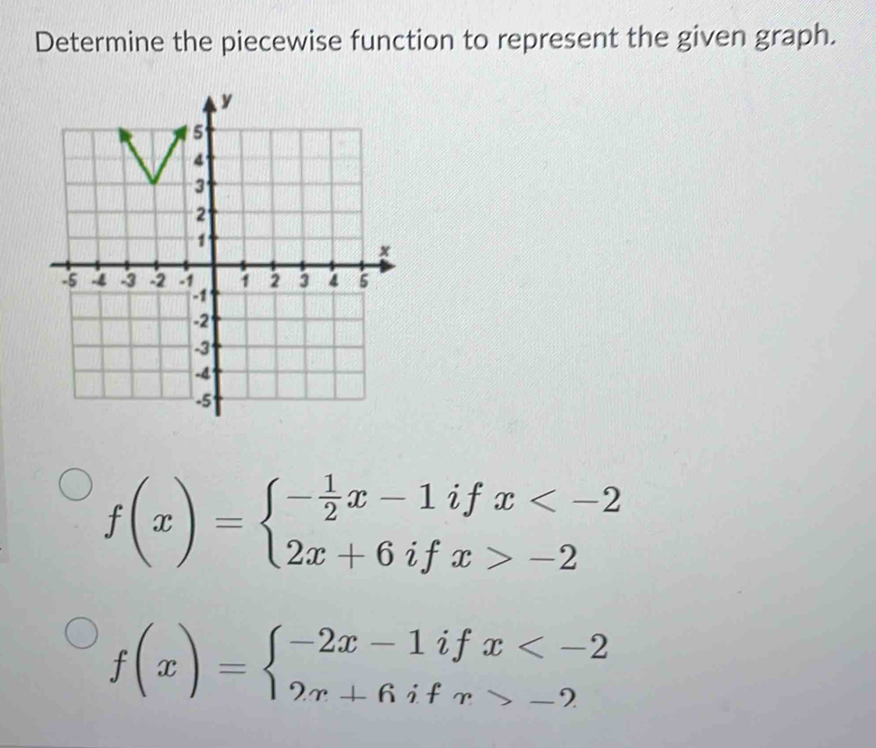 Determine the piecewise function to represent the given graph.
f(x)=beginarrayl - 1/2 x-1ifx -2endarray.
f(x)=beginarrayl -2x-1ifx -2endarray.