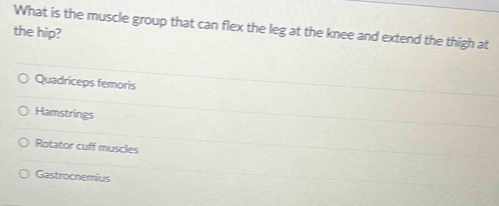 What is the muscle group that can flex the leg at the knee and extend the thigh at
the hip?
Quadriceps femoris
Hamstrings
Rotator cuff muscles
Gastrocnemius